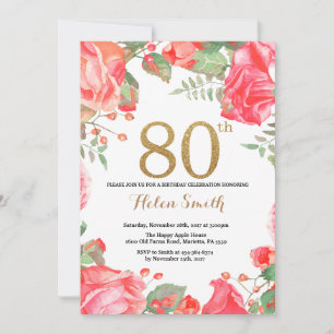 Red Floral 80th Birthday Invitation Gold Glitter Kaart
