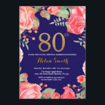 Red Floral 80th Birthday Invitation Gold Glitter Kaart<br><div class="desc">Red Floral 80th Birthday Invitation for Women. Waterverf botanische bloem. Gold Glitter. Navy Blue Background Roze pinda's Floral Flowers. Volwassen verjaardag. Voor verdere aanpassing,  te klikken gelieve de knoop "van de Aanpassing het"en ons ontwerphulpmiddel te gebruiken om deze sjabloon te wijzigen.</div>