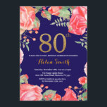 Red Floral 80th Birthday Invitation Gold Glitter Kaart<br><div class="desc">Red Floral 80th Birthday Invitation for Women. Waterverf botanische bloem. Gold Glitter. Navy Blue Background Roze pinda's Floral Flowers. Volwassen verjaardag. Voor verdere aanpassing,  te klikken gelieve de knoop "van de Aanpassing het"en ons ontwerphulpmiddel te gebruiken om deze sjabloon te wijzigen.</div>