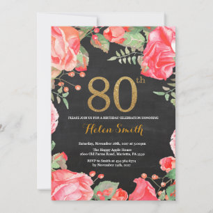Red Floral 80th Birthday Invitation Gold Glitter Kaart