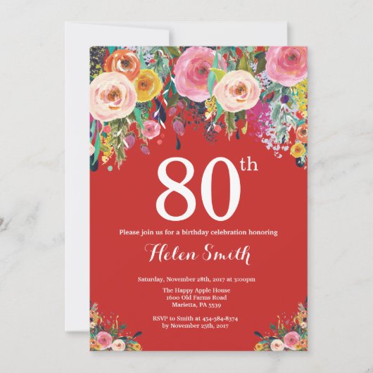 Red Floral 80th Birthday Invitation Kaart (Voorkant)