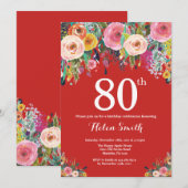 Red Floral 80th Birthday Invitation Kaart (Voorkant / Achterkant)