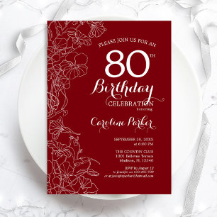 Red Floral 80th Birthday Party Kaart