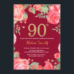 Red Floral 90th Birthday Gold Glitter Burgundy Red Kaart<br><div class="desc">Red Floral 90th Birthday Invitation for Women. Waterverf botanische bloem. Gold Glitter. Burgundy Red Background Roze pinda's Floral Flowers. Volwassen verjaardag. Voor verdere aanpassing,  te klikken gelieve de knoop "van de Aanpassing het"en ons ontwerphulpmiddel te gebruiken om deze sjabloon te wijzigen.</div>