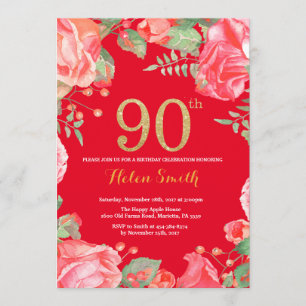 Red Floral 90th Birthday Gold Glitter en Red Kaart