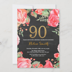 Red Floral 90th Birthday Invitation Gold Glitter Kaart