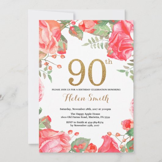 Red Floral 90th Birthday Invitation Gold Glitter Kaart (Voorkant)