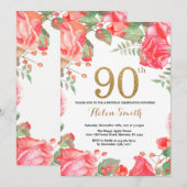 Red Floral 90th Birthday Invitation Gold Glitter Kaart (Voorkant / Achterkant)