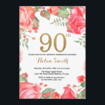 Red Floral 90th Birthday Invitation Gold Glitter Kaart<br><div class="desc">Red Floral 90th Birthday Invitation for Women. Waterverf botanische bloem. Gold Glitter. Roze pinda's Floral Flowers. Volwassen verjaardag. Voor verdere aanpassing,  te klikken gelieve de knoop "van de Aanpassing het"en ons ontwerphulpmiddel te gebruiken om deze sjabloon te wijzigen.</div>