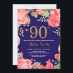 Red Floral 90th Birthday Invitation Gold Glitter Kaart<br><div class="desc">Red Floral 90th Birthday Invitation for Women. Waterverf botanische bloem. Gold Glitter. Navy Blue Background Roze pinda's bloemen. Volwassen verjaardag. Voor verdere aanpassing,  te klikken gelieve de knoop "van de Aanpassing het"en ons ontwerphulpmiddel te gebruiken om deze sjabloon te wijzigen.</div>