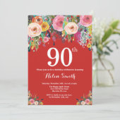 Red Floral 90th Birthday Invitation Kaart (Staand voorkant)