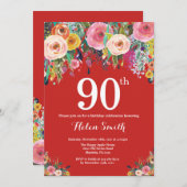 Red Floral 90th Birthday Invitation Kaart (Voorkant / Achterkant)