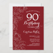 Red Floral 90th Birthday Party Kaart (Voorkant)
