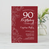 Red Floral 90th Birthday Party Kaart (Staand voorkant)