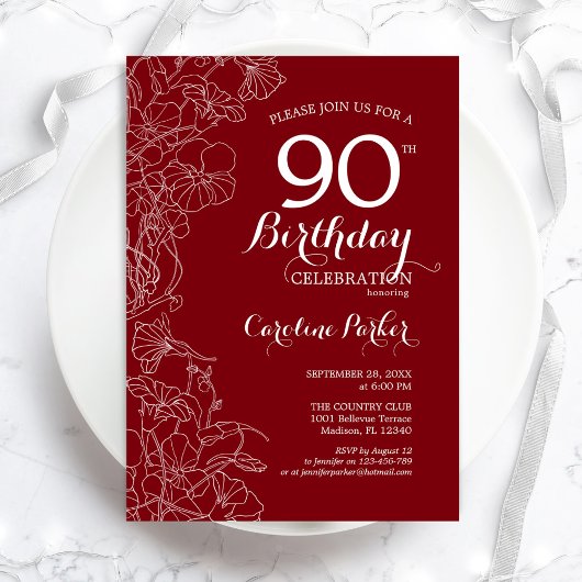 Red Floral 90th Birthday Party Kaart