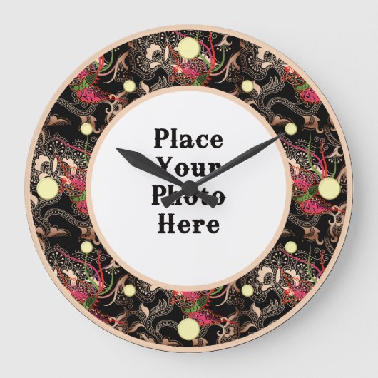 Red Floral Abstract Lijst Uw fotowandklok Grote Klok (Voorkant)