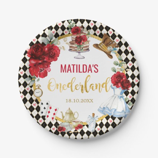 Red Floral Alice in Wonderland Birthday Onederland Papieren Bordje (Voorkant)