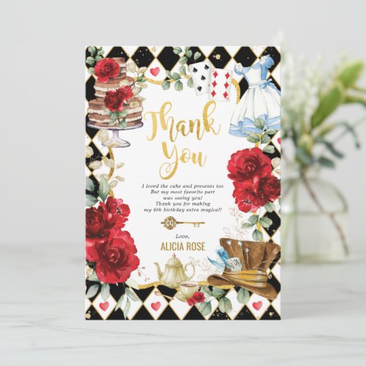 Red Floral Alice in Wonderland Hartelijk dank Kaart (Staand voorkant)