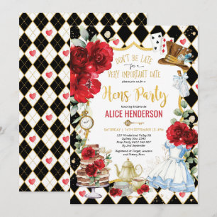 Red Floral Alice in Wonderland Hens Tea Party Kaart