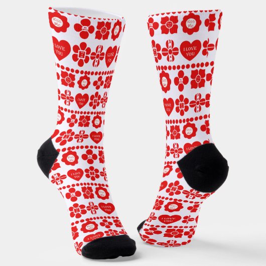 Red floral and heart pattern for Valentine's Day Sokken (Gebogen)