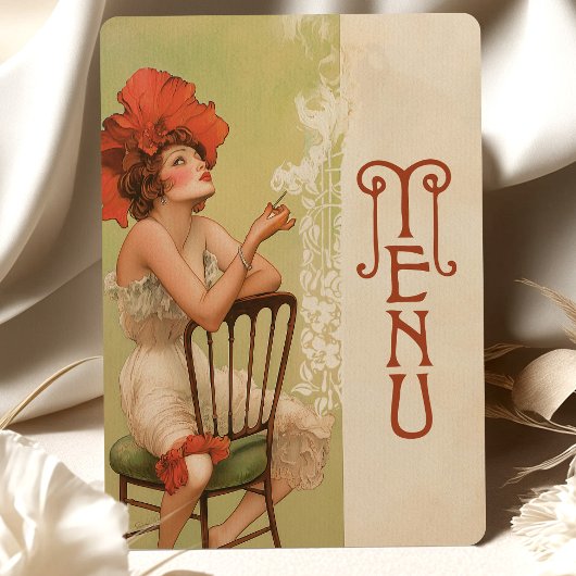 Red Floral Art Nouveau Wedding Menu Kaart
