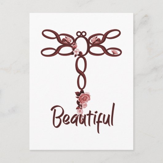 Red Floral "Beauful" Dragonfly-ontwerp Briefkaart (Voorkant)