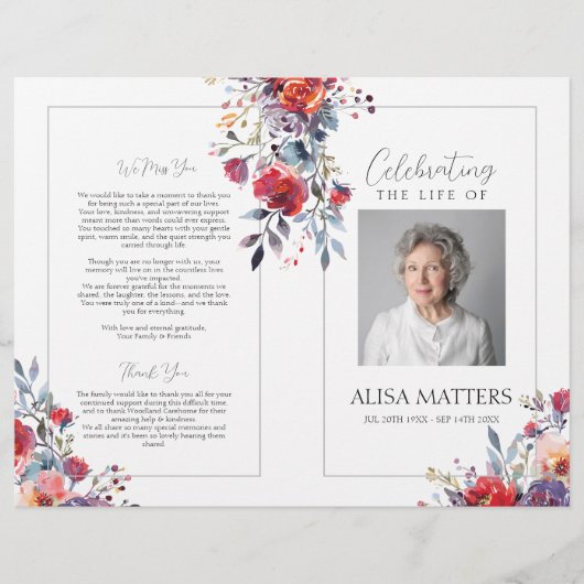 Red Floral begrafenisprogramma om het leven te vie Flyer (Voorkant)