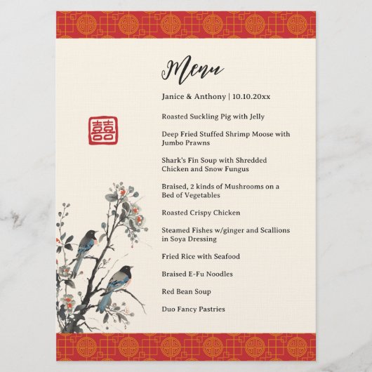 Red floral birds modern Chinese wedding banquet Menu (Voorkant)