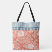 Red Floral Block Print w Blue Stripes and Stars Tote Bag (Achterkant)