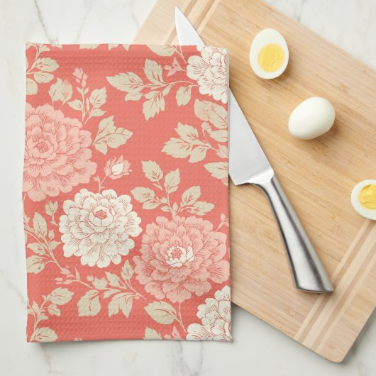 Red Floral Block Print w Blue Stripes Theedoek (Quarter Fold)