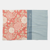 Red Floral Block Print w Blue Stripes Theedoek (Horizontaal)