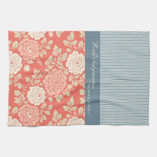 Red Floral Block Print w Blue Stripes Theedoek (Horizontaal)