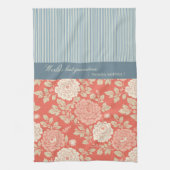 Red Floral Block Print w Blue Stripes Theedoek (Verticaal)