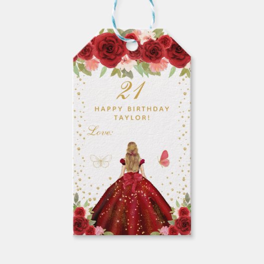 Red Floral Blonde Hair Girl Happy Birthday Cadeaulabel (Voorkant)