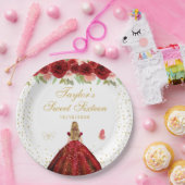 Red Floral Blonde Hair Princess Sweet Sixteen Papieren Bordje (Feest)