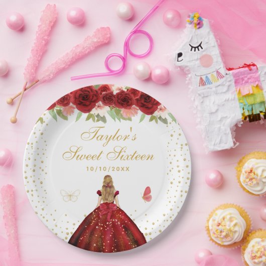 Red Floral Blonde Hair Princess Sweet Sixteen Papieren Bordje (Feest)