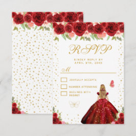 Red Floral Blonde Hair Princess Sweet Sixteen RSVP Kaartje