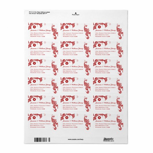 Red Floral Boho Peacock Asian Chic Weduwadres Etiket (Full Sheet)