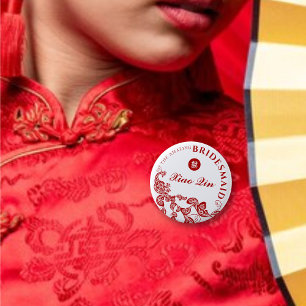 Red Floral Boho Peacock Asian Weddenschap Bridesma Ronde Button 5,7 Cm