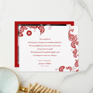 Red Floral Boho Peacock Eastern Chic Asian Wedding Bedankkaart