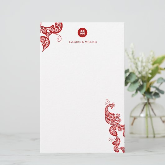 Red Floral Boho Peacock Eastern Chic Asian Wedding Briefpapier (Staand voorkant)