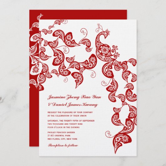 Red Floral Boho Peacock Eastern Chic Asian Wedding Kaart (Voorkant / Achterkant)
