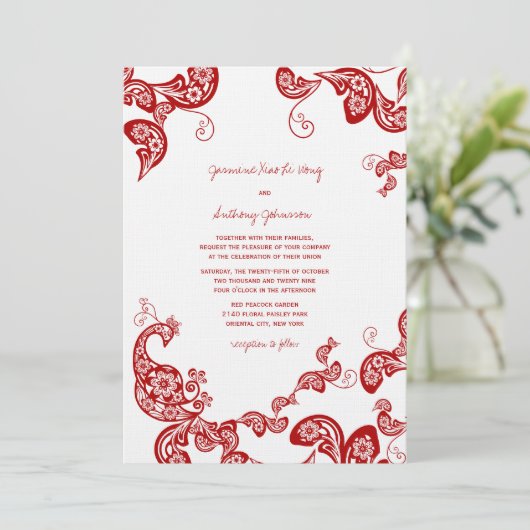 Red Floral Boho Peacock Eastern Chic Asian Wedding Kaart (Staand voorkant)
