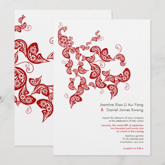 Red Floral Boho Peacock Eastern Chic Asian Wedding Kaart (Voorkant / Achterkant)
