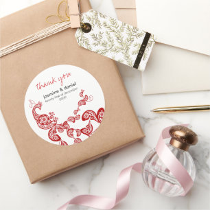 Red Floral Boho Peacock Eastern Chic Asian Wedding Ronde Sticker