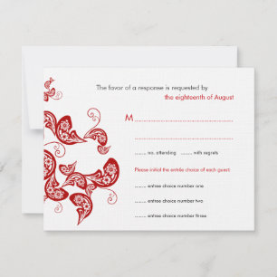 Red Floral Boho Peacock Eastern Chic Asian Wedding RSVP Kaartje