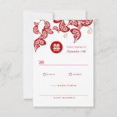 Red Floral Boho Peacock Elegant Chinese Wedding RSVP Kaartje (Voorkant)