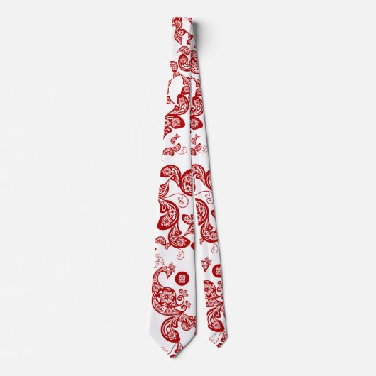 Red Floral Boho Peacock Elegant Eastern Chic Asian Stropdas (Voorkant)