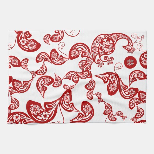 Red Floral Boho Peacock Elegant Eastern Chic Asian Theedoek (Horizontaal)