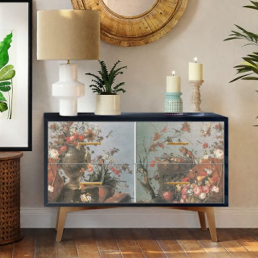 Red Floral Bouquet  Vase Birds Decoupage Tissuepapier